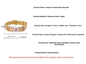 Adjustable gold mesh bracelet with MOM charm and pink detail, 1cm width size guide