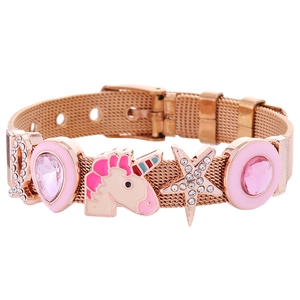 Rose gold stainless steel mesh bracelet with pink unicorn and charm pendants