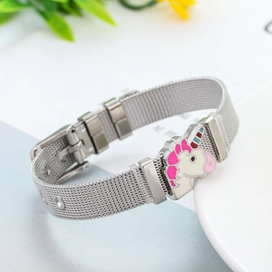 Detailed view of silver mesh bracelet with colorful unicorn charm and adjustable buckle