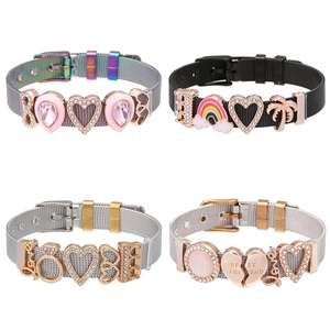 Stainless Steel Mesh Bracelet For Women Alloy Heart Rainbow Charm Sliding Beads Jewelry Watch Band Style Adjustable Bracelet