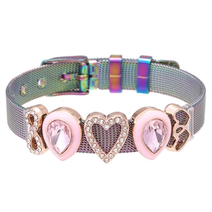 Rainbow mesh stainless steel bracelet with infinity and pink heart charms