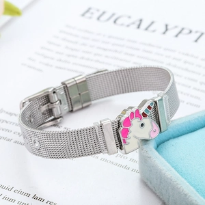 Detail view of 10mm stainless steel mesh bracelet with colorful unicorn charm and buckle