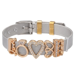 Two-tone stainless steel mesh bracelet with LOVE charm and sparkling heart crystals