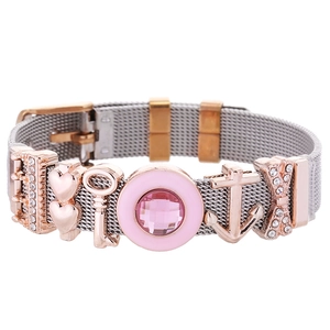 Adjustable stainless steel mesh bracelet with rose gold crown, heart, and anchor charms
