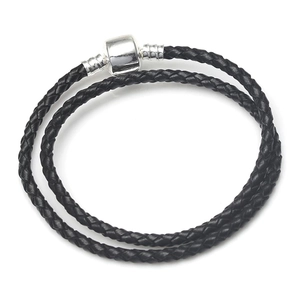 3mm double-layer braided black leather cord bracelet with silver barrel clasp closure