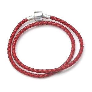 Red double-layer braided leather cord bracelet with polished silver magnetic clasp