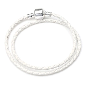 Minimalist white double-layered braided leather bracelet with silver metal magnetic clasp