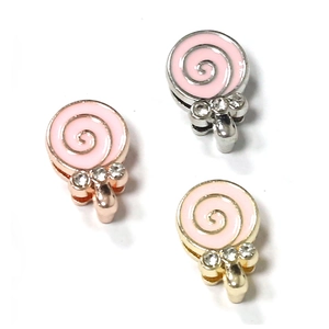 Lollipop charm pendants with pink enamel and sparkling crystals for mesh bracelets