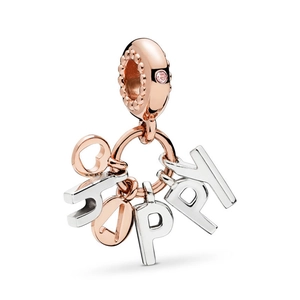 Pendentif alphabet HAPPY bicolore avec pierre rose et détails en or rose