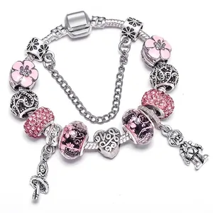 DIY Charm Armband Für Damen Versilbert Legierung Rosa Blumen Emaille Glasperlen Strass Herz Ballerina Anhänger Schlangenkette Schmuck Geschenk