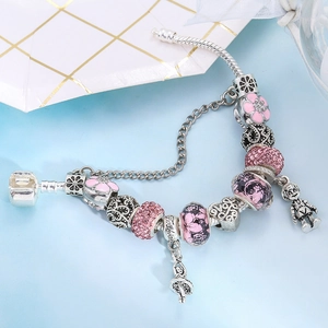 Silbernes Schlangenarmband im Pandora-Stil mit rosa Emaille-Perlen und Ballet-Anhängern