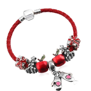 Rotes geflochtenes Lederarmband für Weihnachten mit Silberbaum und Modeschmuckperlen