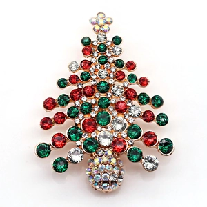 Spilla albero di Natale dorata con strass colorati e cristalli brillanti per le feste