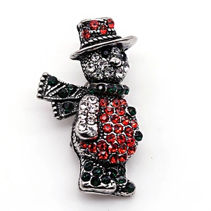 Sparkling snowman brooch with vintage silver base and colorful rhinestones for Christmas