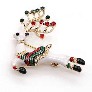 Detail of Christmas reindeer brooch with white enamel body and colorful rhinestones