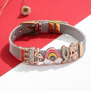 10mm roestvrijstalen mesh armband met flamingo en regenboog bedeltjes op tweekleurige achtergrond