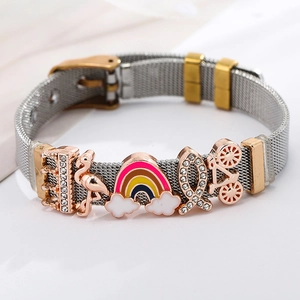 Zilveren mesh armband met roségouden flamingo en regenboog bedels voor dames en heren