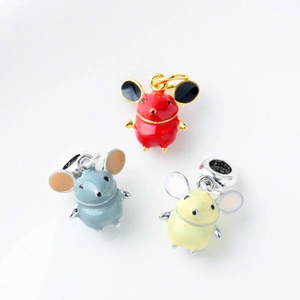 Three cute enamel mouse pendants in red, blue and yellow for DIY jewelry making