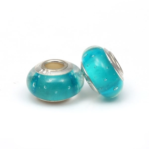 Pair of turquoise bubble glass charm beads with silver metal core for DIY bracelets