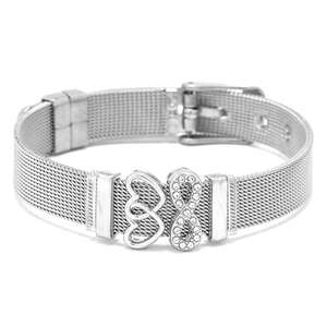Detail of 10mm silver stainless steel mesh bracelet with heart and infinity charm