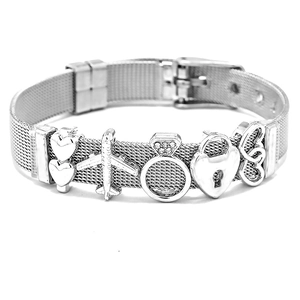 Silver stainless steel mesh bracelet with heart charms and airplane pendant