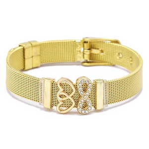 Detail of gold mesh strap bracelet with crystal infinity charm and hollow heart pendant