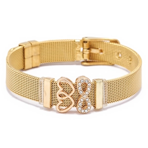 Gold mesh stainless steel bracelet with infinity symbol and double heart charms