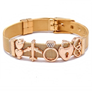 Golden 10mm mesh strap bracelet for women with heart and airplane charms charms
