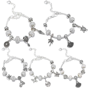 Silver Plated DIY Charm Bracelet Snake Chain Heart Marine Theme Rhinestone Shell Turtle Jewelry Gift For Women Girls