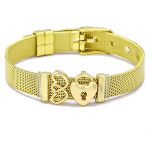 Detailed close-up of a 10mm golden mesh bracelet with heart charms and buckle closure