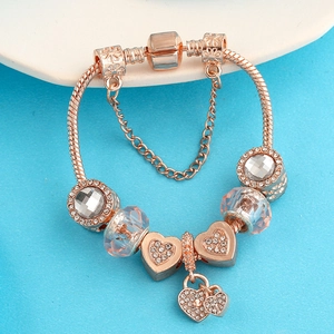 DIY Rose Gold Plated Heart Charm Bracelet With Pink Crystal Beads Snake Chain And Safety Chain Elegant Jewelry Gift For Women