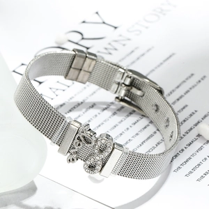 Detail of 10mm silver stainless steel mesh bracelet with Love charm and infinity symbol