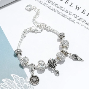 Silver beaded snake chain bracelet with heart charm and summer themed pendants
