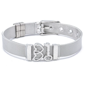 Detail of silver mesh steel bracelet featuring double heart and key charms with buckle
