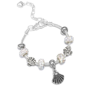 Close-up of silver-plated bead bracelet with shell charms and heart extension chain
