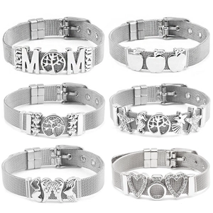 Silver stainless steel mesh bracelet set with Tree of Life and heart charms