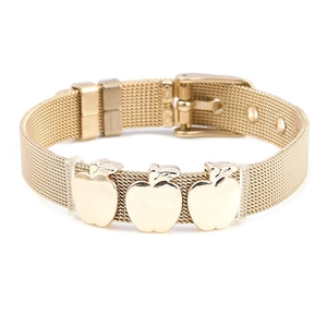 Golden mesh band bracelet featuring three apple-shaped charms with adjustable buckle strap