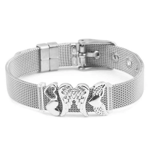 Detail of steel mesh bracelet featuring silver angel wing and heart charms with buckle