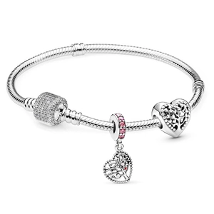 Detail of silver snake chain bracelet with pink tree of life heart charms and zircons