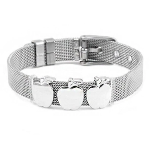 Silver mesh steel bracelet with three apple charms and adjustable watch buckle strap
