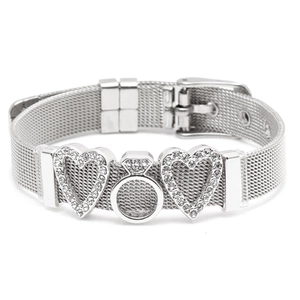 Silver stainless steel mesh bracelet with heart charms and crystal ring detail