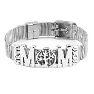 Silver stainless steel mesh bracelet featuring MOM letters and tree of life charm