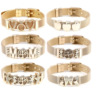 Women's Stainless Steel Mesh Belt Bracelet Adjustable Watchband Style Tree Of Life MOM Heart Wing Charm Bracelet Jewelry
