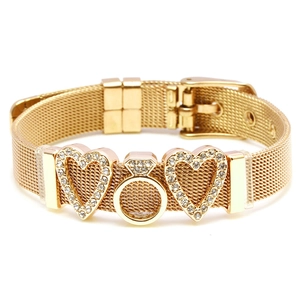 Gold mesh bracelet with MOM design sliders and heart details on white background