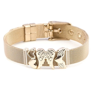 Gold-plated stainless steel mesh bracelet with angel wings and heart charms