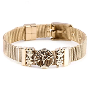 Detail of rose gold mesh bracelet with tree of life charm and clover accents