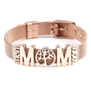 Rose gold mesh bracelet featuring MOM lettering and tree of life charm for women