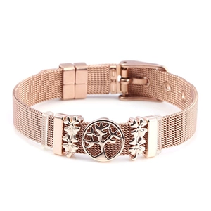 Rose gold mesh bracelet with tree of life and clover charms featuring belt buckle closure