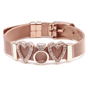 Rose gold mesh band bracelet with MOM heart charms for Mother's Day gift