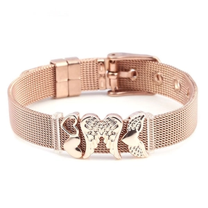 Detail of rose gold mesh bracelet featuring 3D heart charms and delicate wing pendant